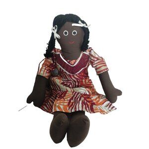 Handmade Cloth Rag Doll African American Girl Braids Dress‎ Toy